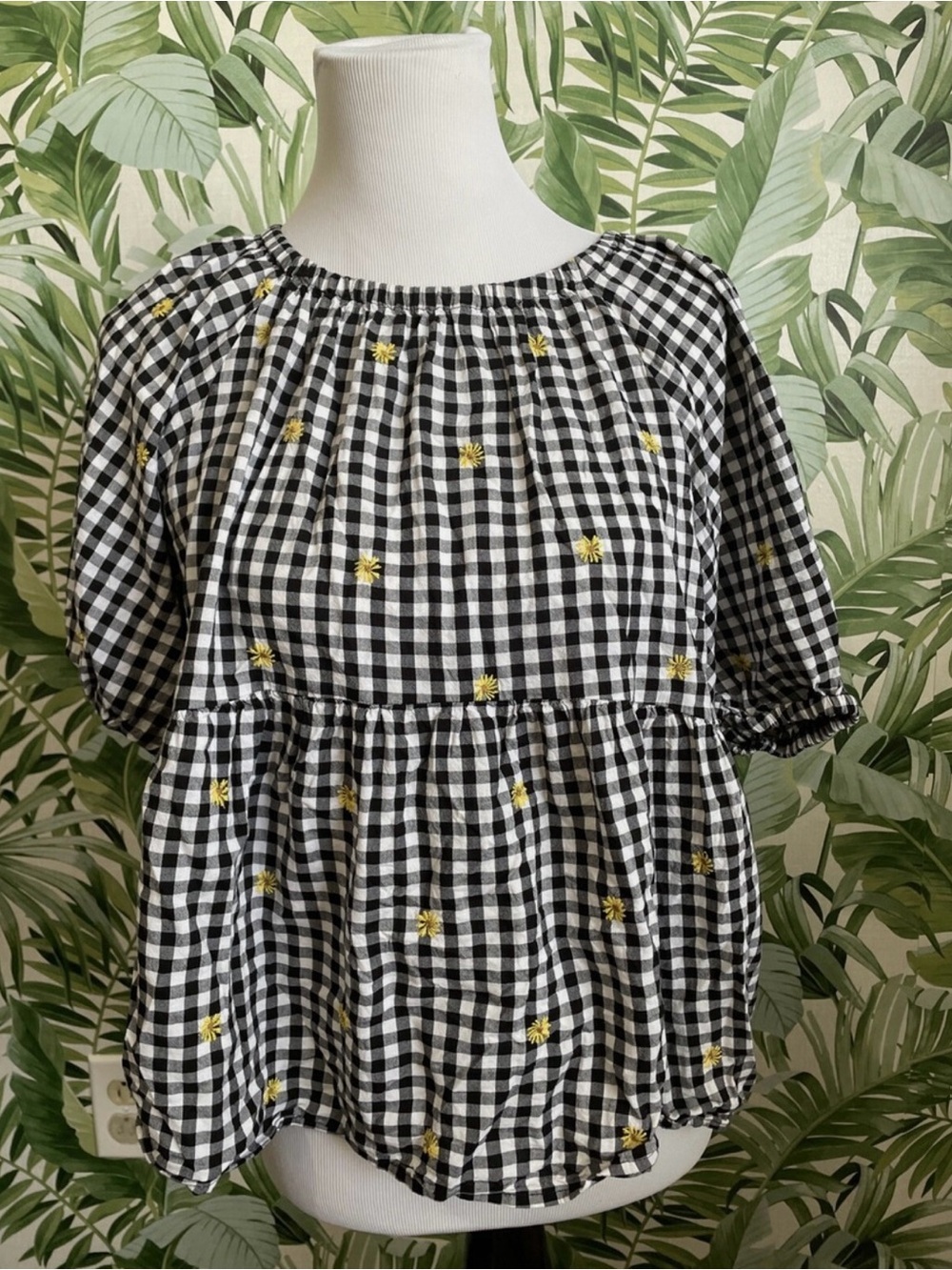 Old Navy Black & White Gingham Top with Yellow Floral Embroidery